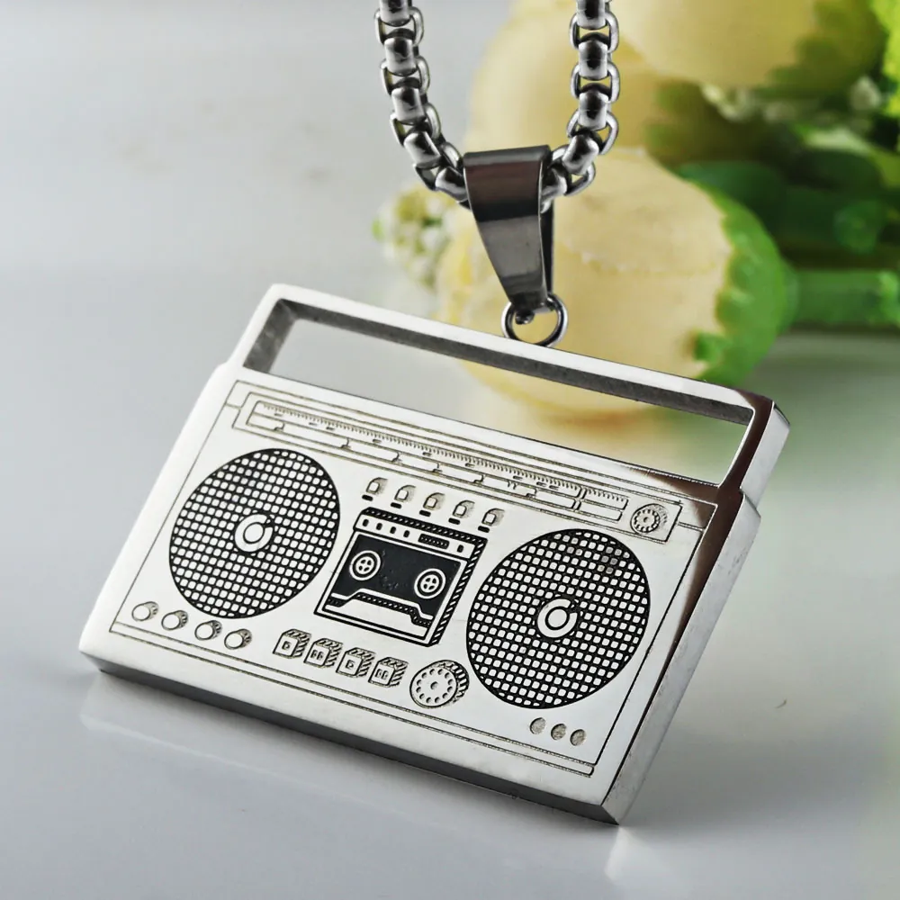 Collar con Colgante de Radio Radiocasete Vintage de Acero de Titanio Joyería Estilo Hip Hop Punk Oro Plata para Hombre