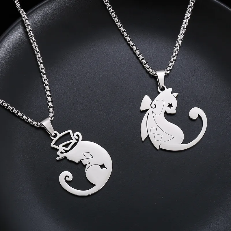 Edelstahl Cartoon Magier Katze Silhouette Anhänger Halskette Und Schlüsselanhänger Set Hohl Stern Charm Anime Schmuck Geschenk Für Unisex