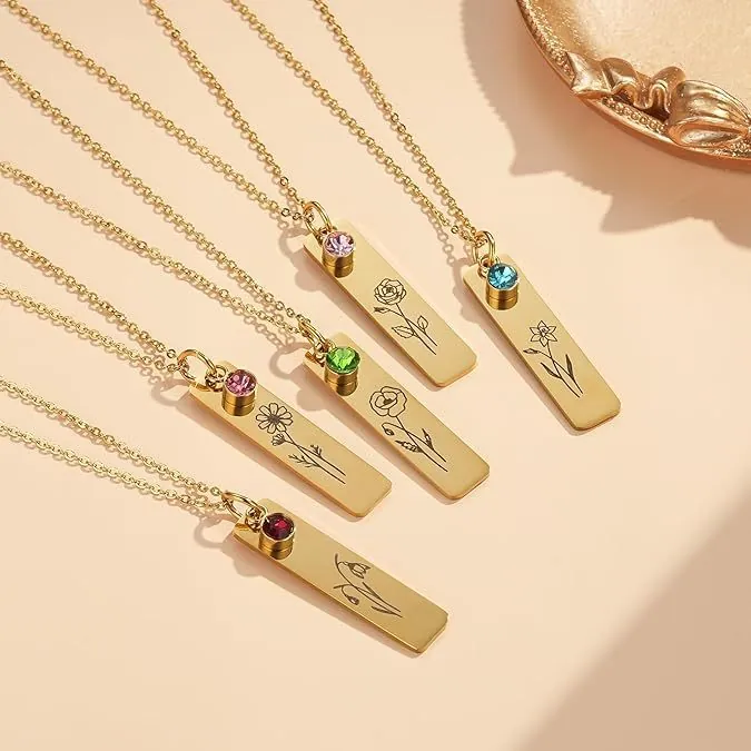 Stainless Steel Birth Flower Pendant Necklace For Women Gold Plated Zirconia Rectangular Floral Jewelry Personalized Birthday Gift