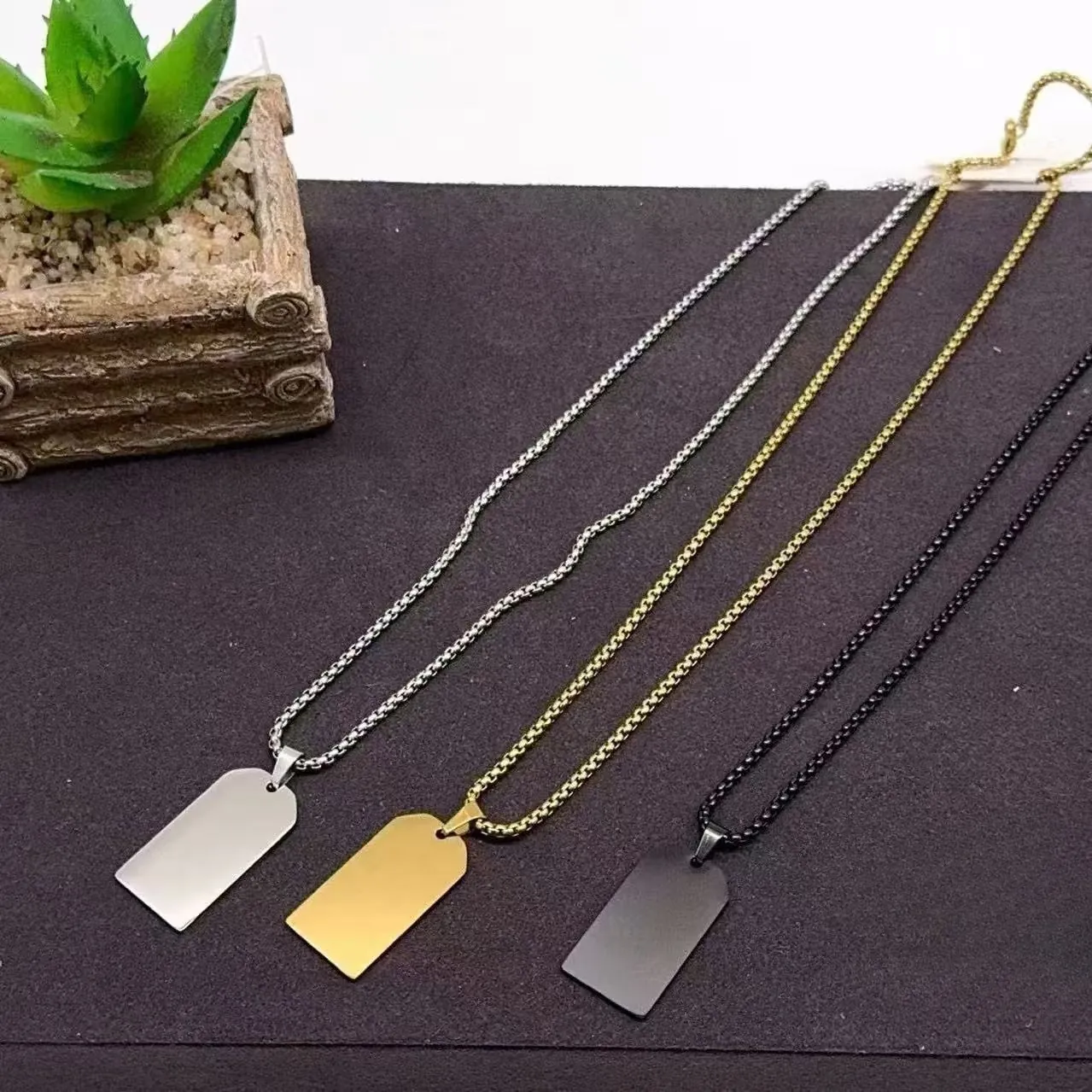 Roestvrijstalen Blanco Dog Tag Hanger Ketting Voor Heren Vrouwen Box Ketting Geometrische Militaire Stijl Sieraden Goud Zilver Zwart