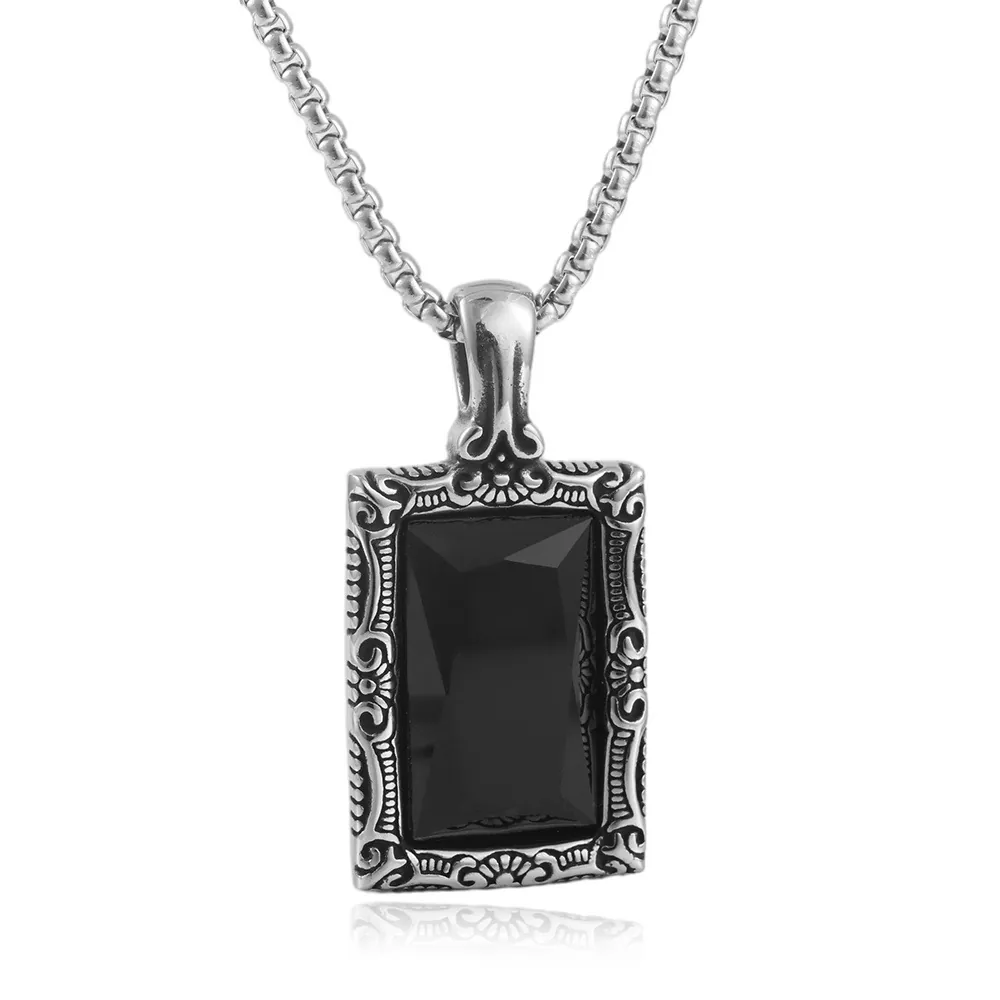 Vintage Stainless Steel Black Gemstone Pendant Necklace For Men Punk Gothic Engraved Frame Box Chain Jewelry Gift