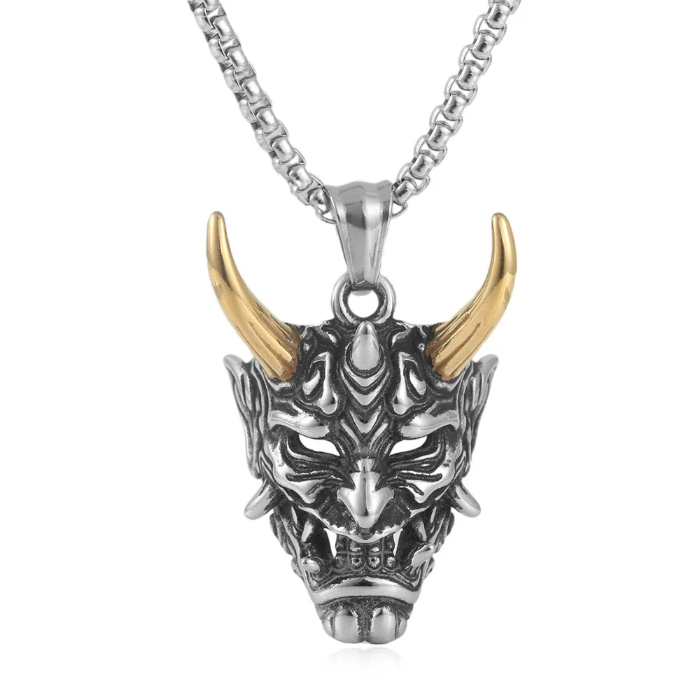 Collana con Pendente Maschera Hannya e Teschio in Acciaio Inossidabile Vintage per Uomo Gioielli Punk Gotico Maschera Demone Fantasma