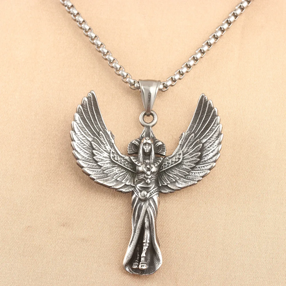 Retro Edelstahl Altägyptische Göttin Isis Engelsflügel Anhänger Halskette Für Herren Vintage Punk Gothic Schmuck Geschenk