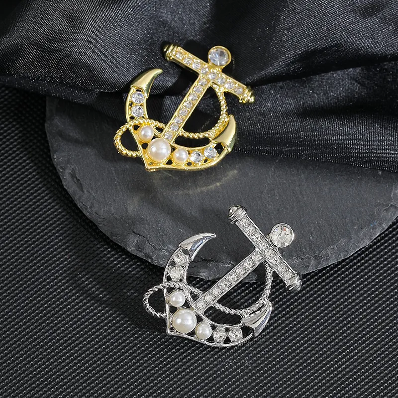 Vintage Nautical Anchor Brooch With Rhinestone And Imitation Artificial Pearl Zinc Alloy Navy Style Suit Pin Jewelry Gift For Women