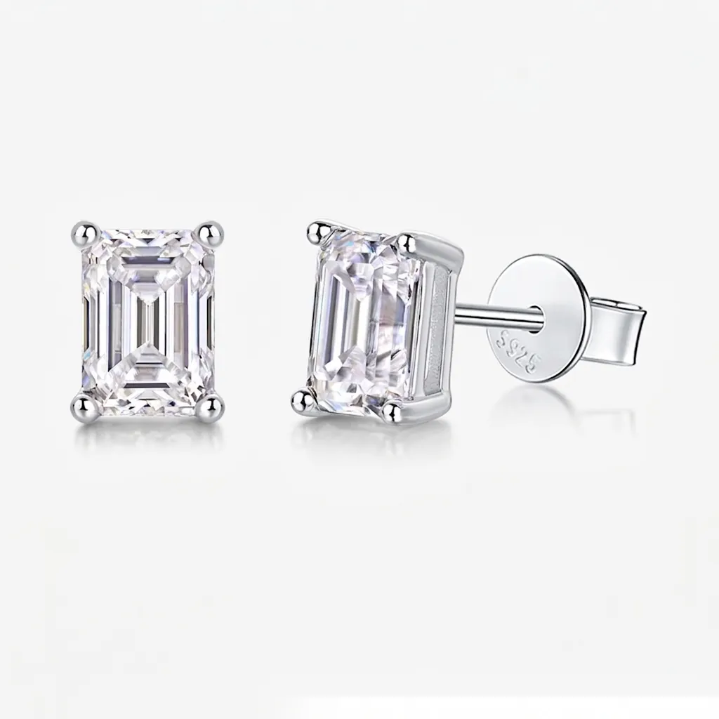Luxury 925 Sterling Silver Moissanite Stud Earrings For Women Emerald Cut Rectangular Moissanite Fashion Jewelry Earrings