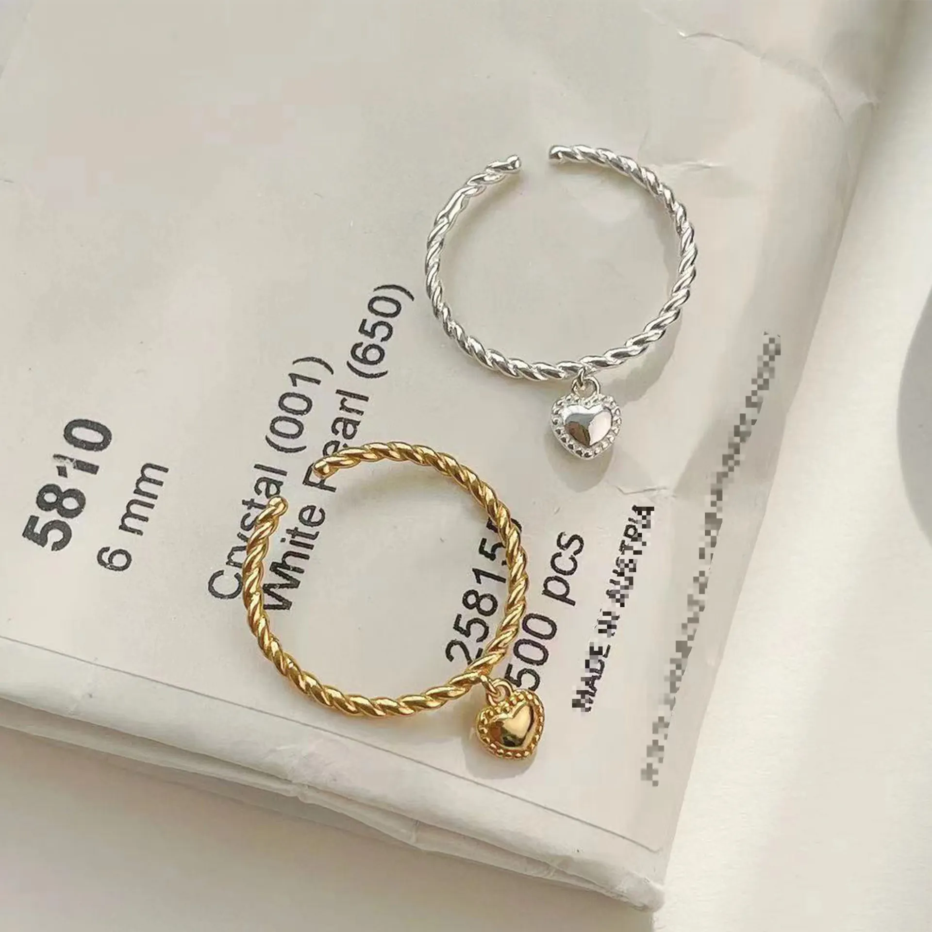 925 Sterling Silver Ring Twisted Rope Band Heart Dangle Adjustable Open Ring Korean Style Minimalist Jewelry For Women