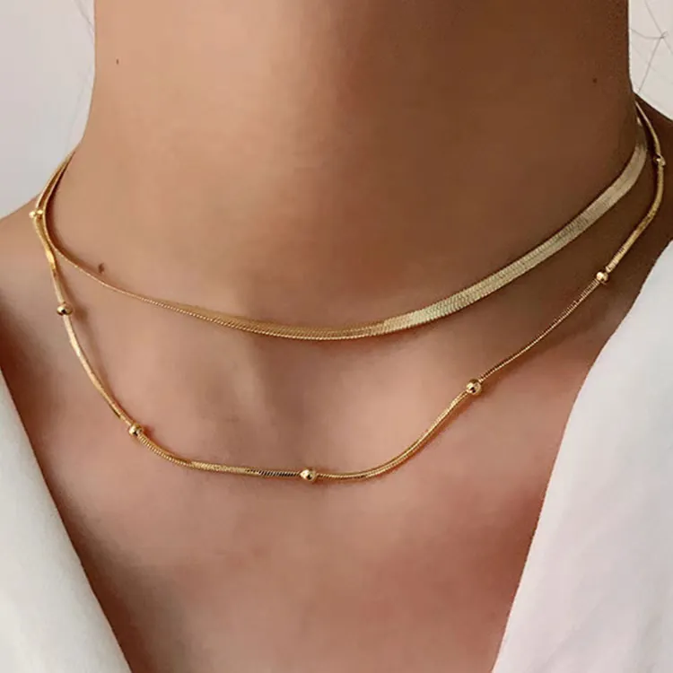 Minimalist Alloy Double Layer Necklace For Women Gold Silver Snake Bone Chain Bead Clavicle Chain Set Fashion Jewelry Gift