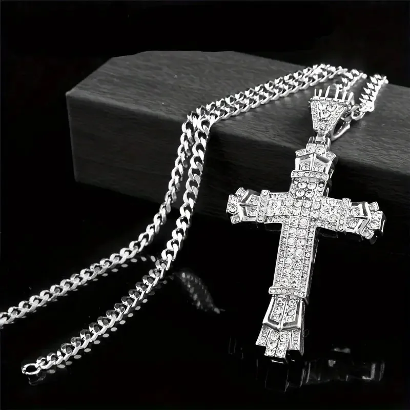 Hip Hop Men's Zinc Alloy Iced Out Cross Pendant Necklace Gold Silver Plated Rhinestone Cuban Link Chain Fashion Jewelry