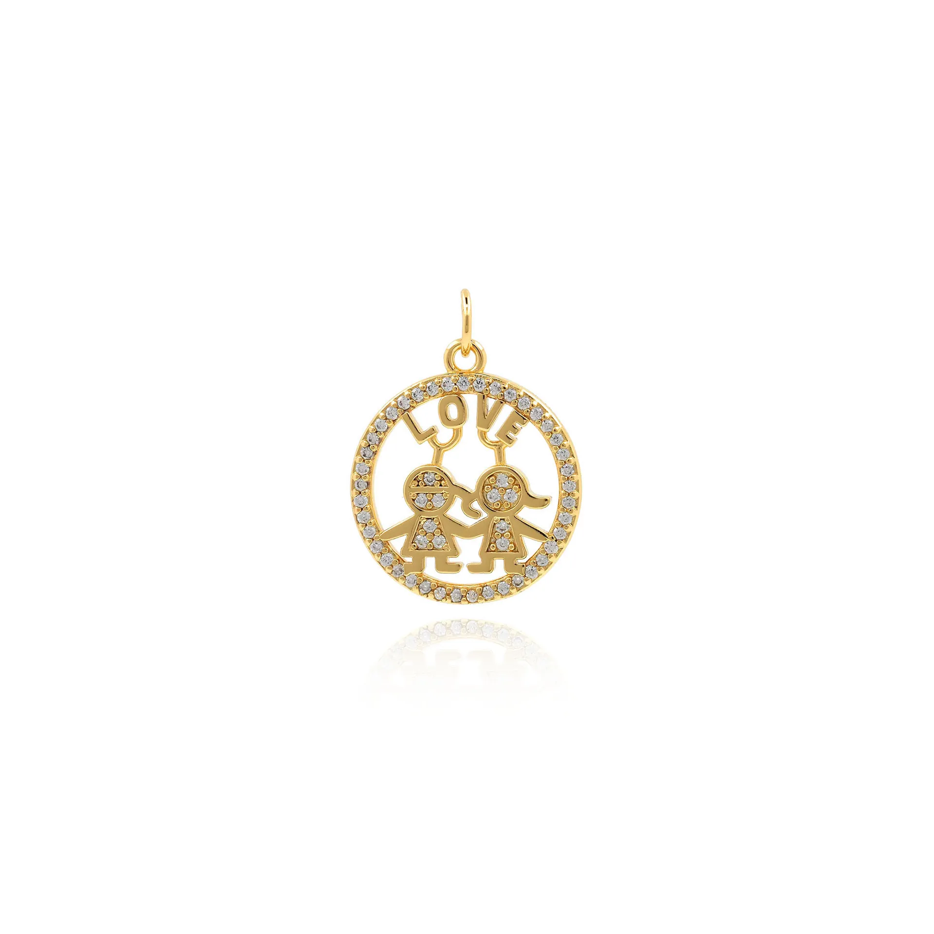 Colgante Romántico de Cobre Chapado en Oro 18K Redondo Calado LOVE Niño Niña Con Zirconia Para Fabricación de Joyería Bricolaje