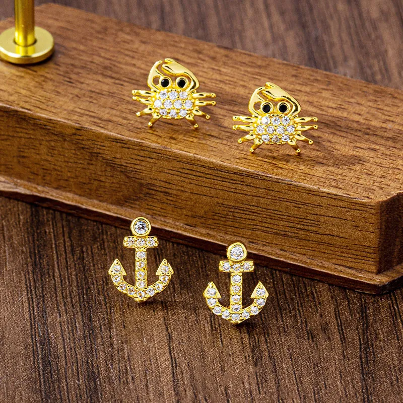 Vintage Gold Plated Copper Alloy Zirconia Crab Anchor Stud Earrings Light Luxury Ocean Style Marine Jewelry For Women Gift