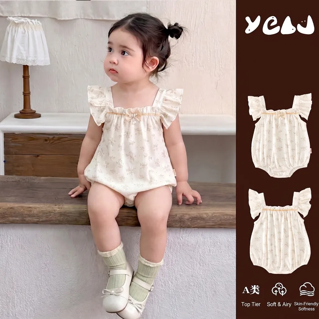 Barboteuse en Coton Floral pour Bébé Fille Sans Manches à Volants Doux Body de Fête d'Anniversaire Combinaison d'Été avec Nœud