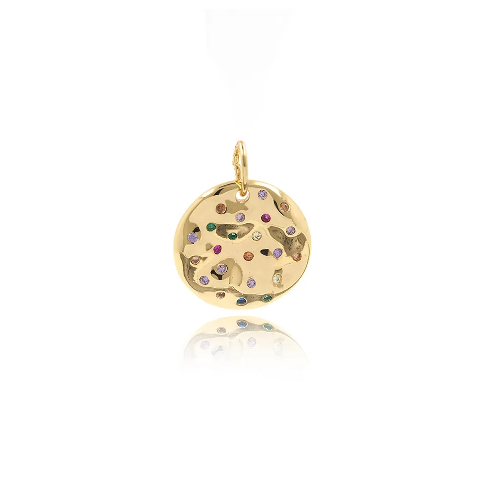 Hammered Texture Round Pendant Copper Gold Plated Colorful Zirconia Inlaid Irregular Circle For DIY Jewelry Making Accessories