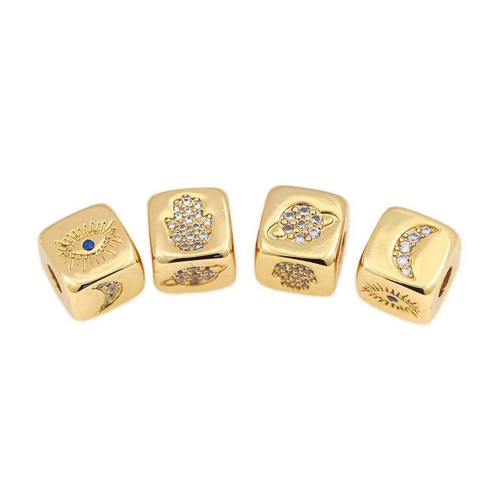 24K Gold Plated Copper Cube Spacer Beads Zircon Inlaid Hamsa Hand Evil Eye Moon Planet For DIY Jewelry Making Findings