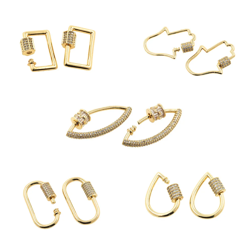 18K Gold Plated Brass Zirconia Carabiner Clasp Screw Lock Square Hamsa Oval Waterdrop Lip Shaped DIY Jewelry Findings Accessories