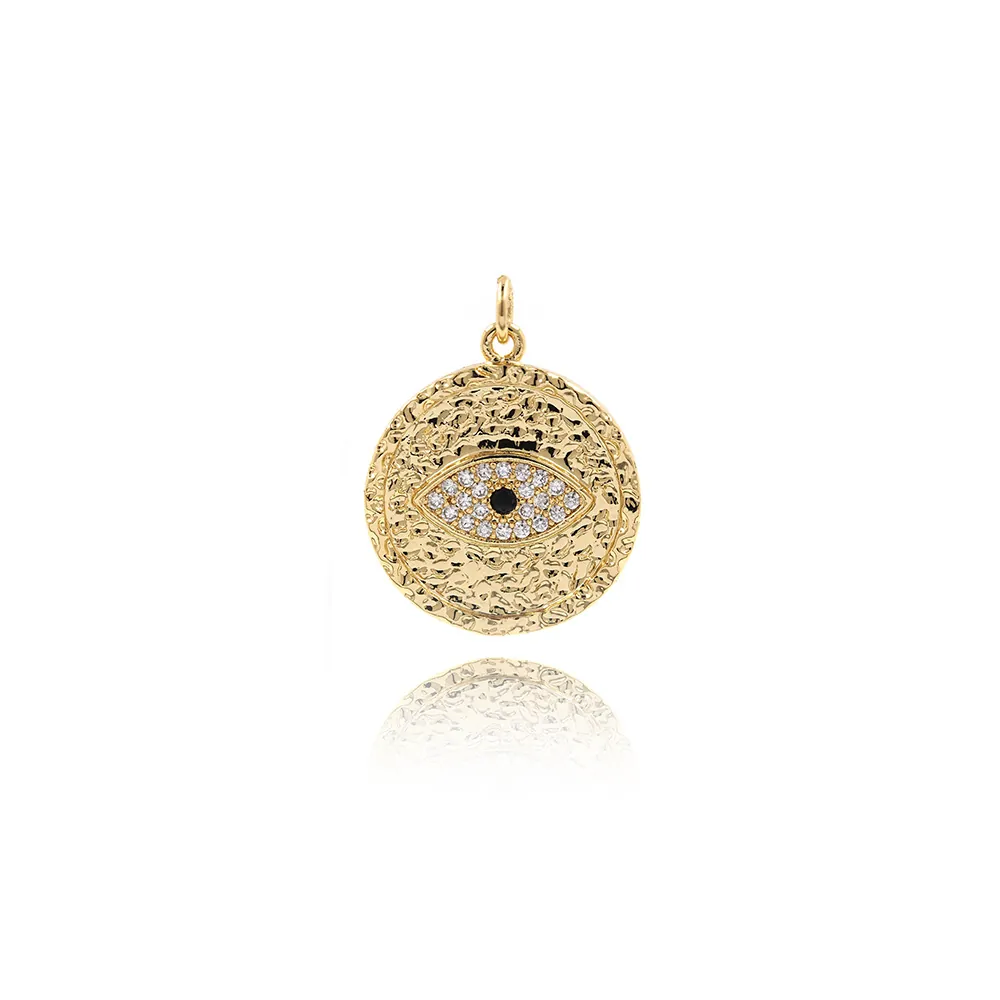 Vintage Round Hammered Copper Zirconia Evil Eye Pendant Only Without Chain Gold Rose Gold Silver Black For DIY Necklace Jewelry Making Gift Women