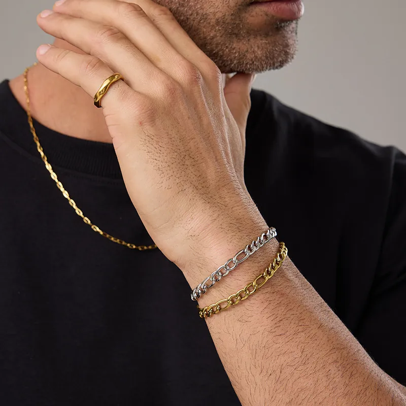 Bracelet Chaîne Figaro Acier Inoxydable 316L Plaqué Or Argent PVD Minimaliste Hip Hop Bijoux Pour Hommes Femmes Cadeau