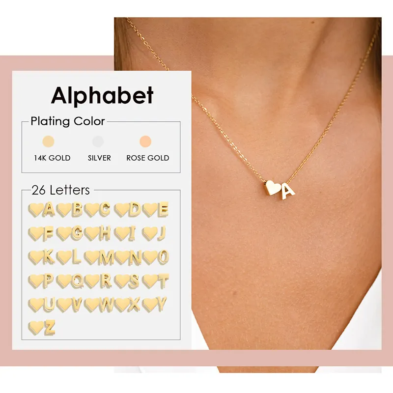 316L Stainless Steel Heart Initial Letter Pendant Necklace For Women 14K Gold Plated Personalized Name Choker Jewelry