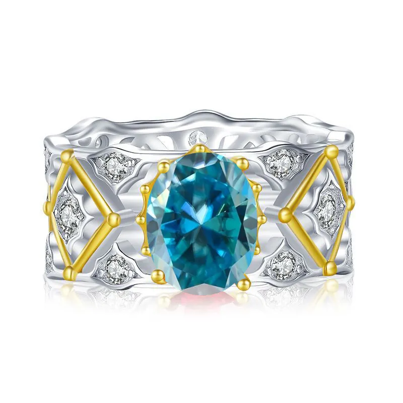 Bague Moissanite Ovale en Argent Sterling S925 Vintage 2 Carats Pierre Précieuse Colorée Luxe Design Creux pour Femme Bijoux de Mariage