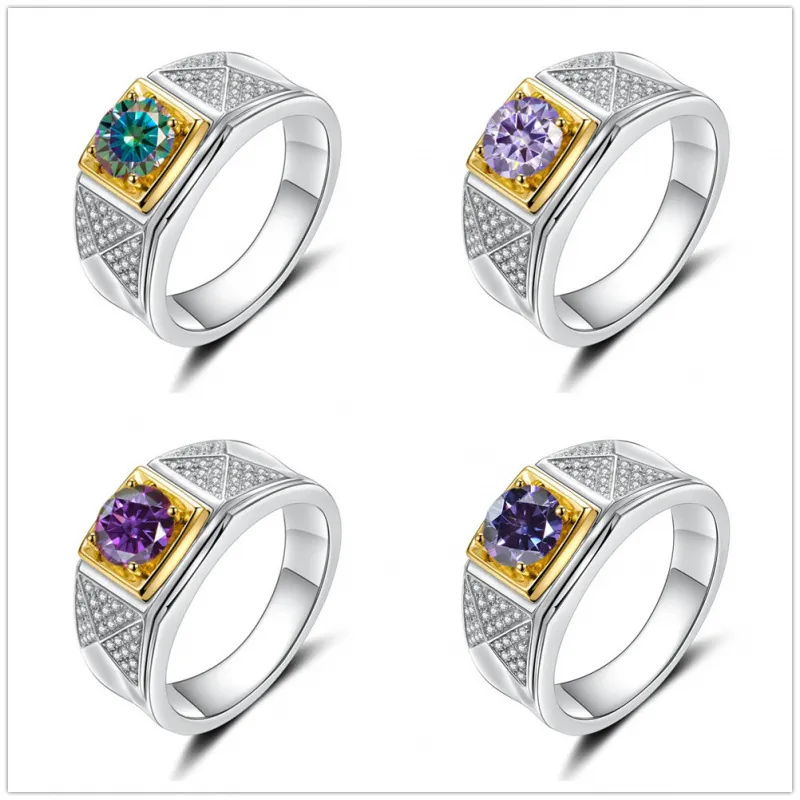 Luxurious 925 Sterling Silver Moissanite Men's Ring Geometric Gold Plated Accents Triangle Pattern Round Cut Fashion Jewelry