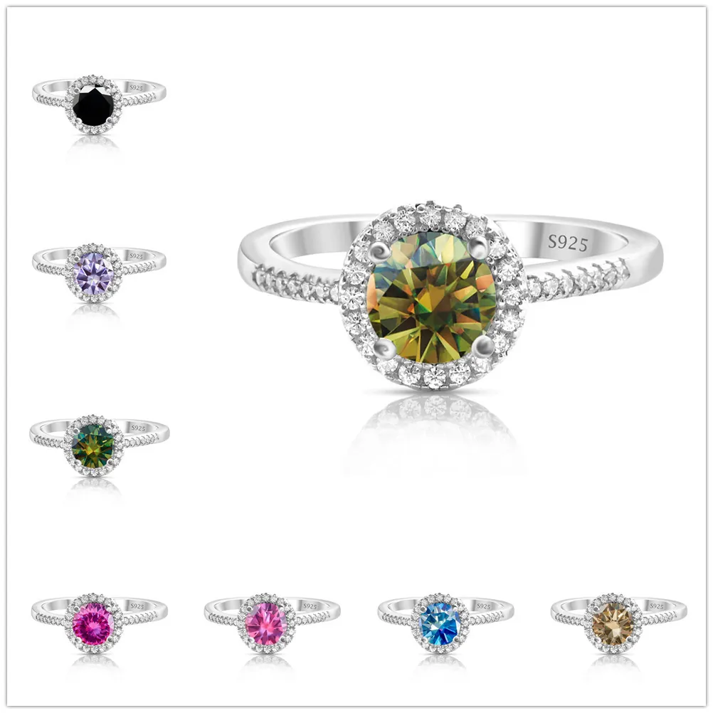925 Sterling Silver Moissanite Halo Ring For Women Sparkling Round Cut Colorful Zirconia Stone Wedding Engagement Fashion Jewelry Finger Ring Gift