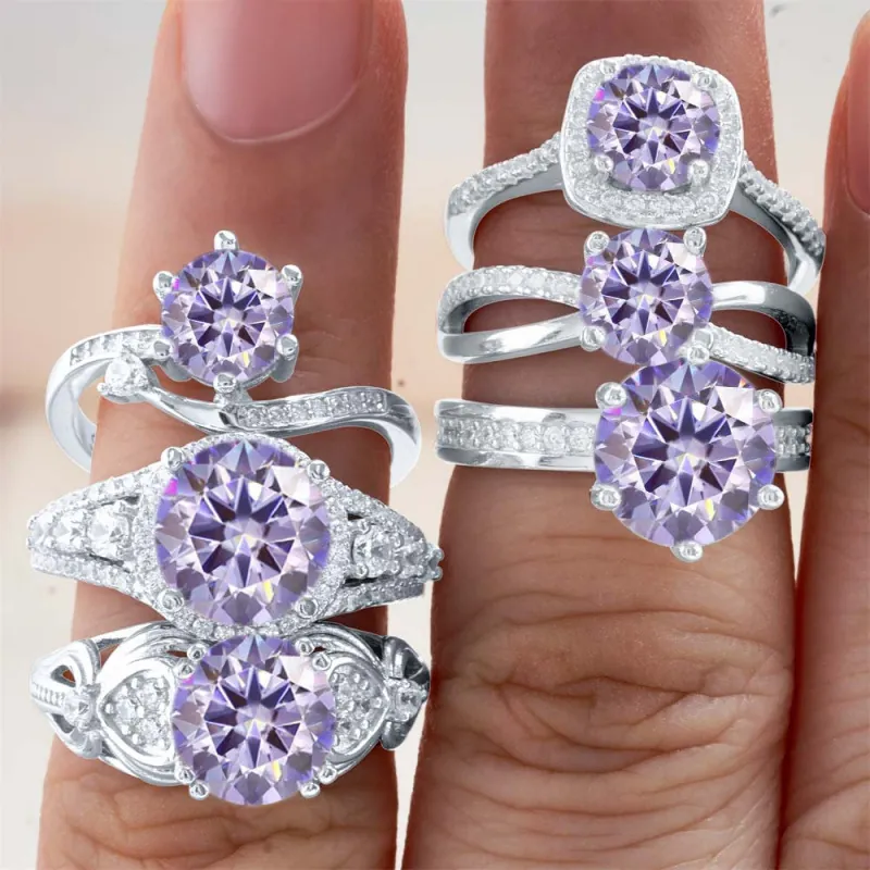 Anello in Argento Sterling 925 Moissanite Donna Elegante Anello con Pietra Rotonda Viola e Accenti di Zirconia Gioielli Sposa Certificati GRA Con Certificato GRA