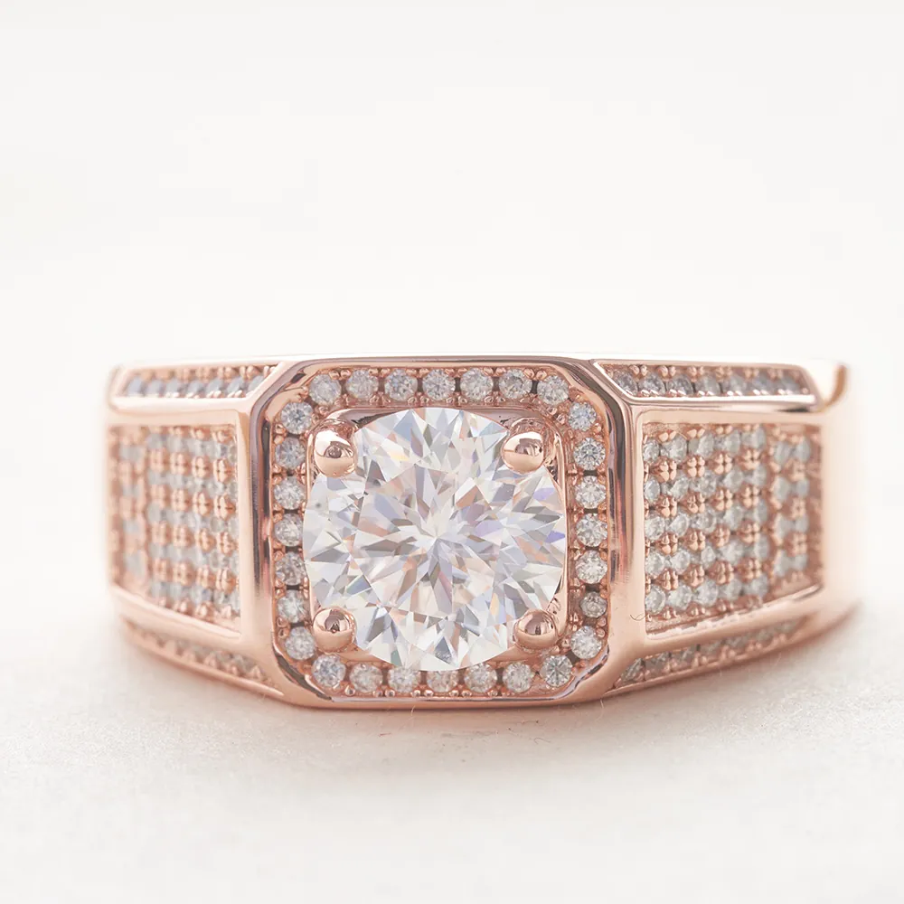 Bague Homme en Argent Sterling 925 Moissanite Coupe Brillante Plaquée Or Rose Bijoux Hip Hop pour Petit Ami