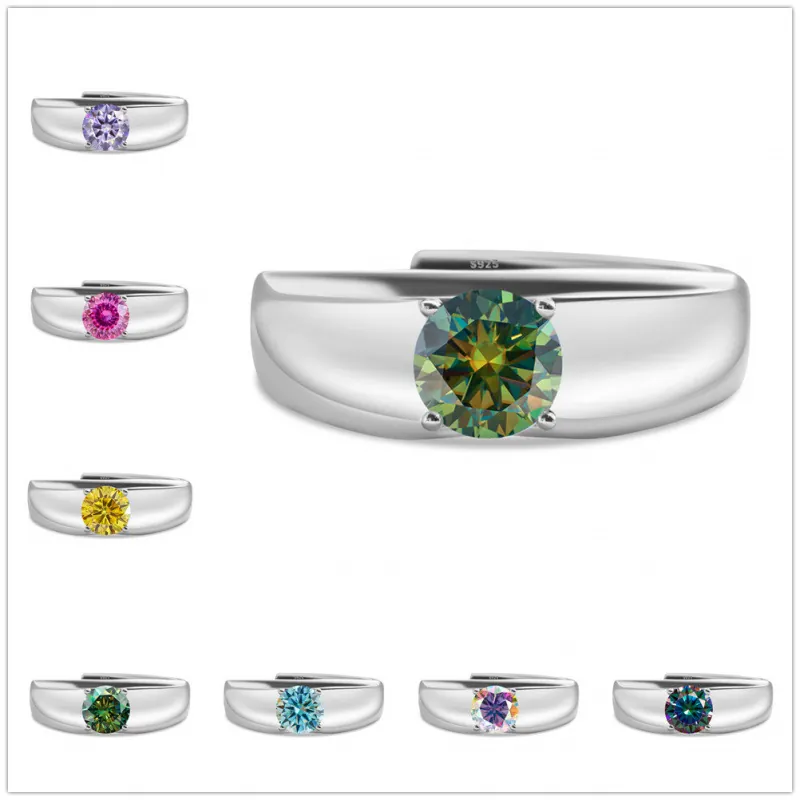 Bague Ouverte Classique en Argent Sterling 925 avec Moissanite Ronde pour Homme Femme Bague Solitaire Réglable Bijoux