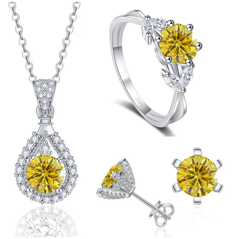 925 Sterlingsilber Moissanit Tränentropfen Halskette Runder Ring Ohrstecker Kollektion PT950 Gold Galvanisiert Eleganter Schmuck Damen Hochzeitsgeschenk