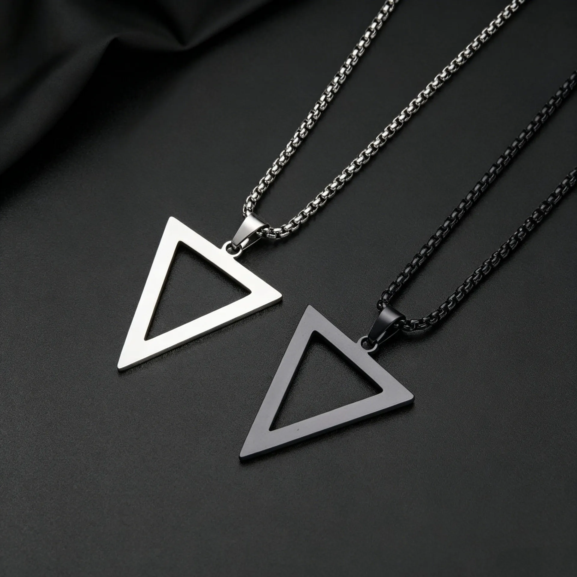 Minimalist Triangle Pendant Necklace For Men Stainless Steel Hollow Geometric Jewelry With Box Chain Modern Style