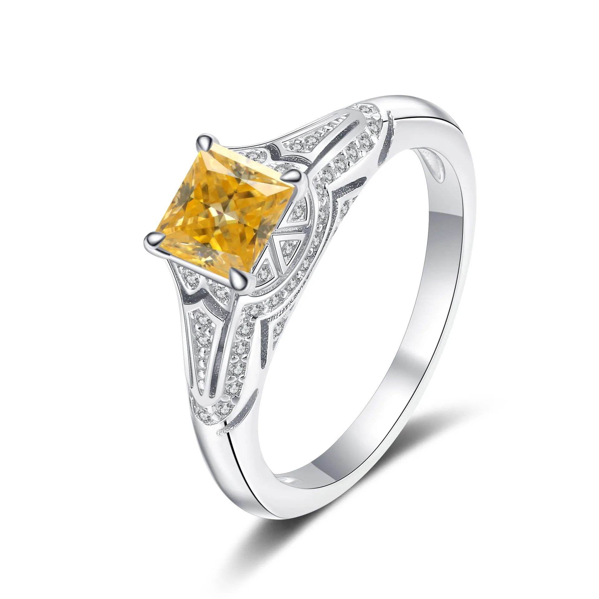 S925 Sterling Silver Princess Square Moissanite Ring For Women Vintage Hollow Carved Zirconia Inlaid Wedding Party Jewelry Ring