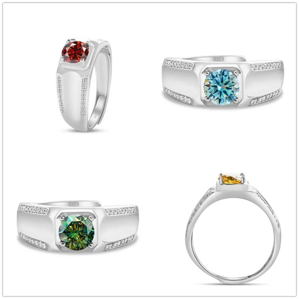 Anillo de Moissanita para Hombre de Plata de Ley 925 1.0 Quilates Corte Redondo Chapado en Platino Ajustable Joyería de Lujo