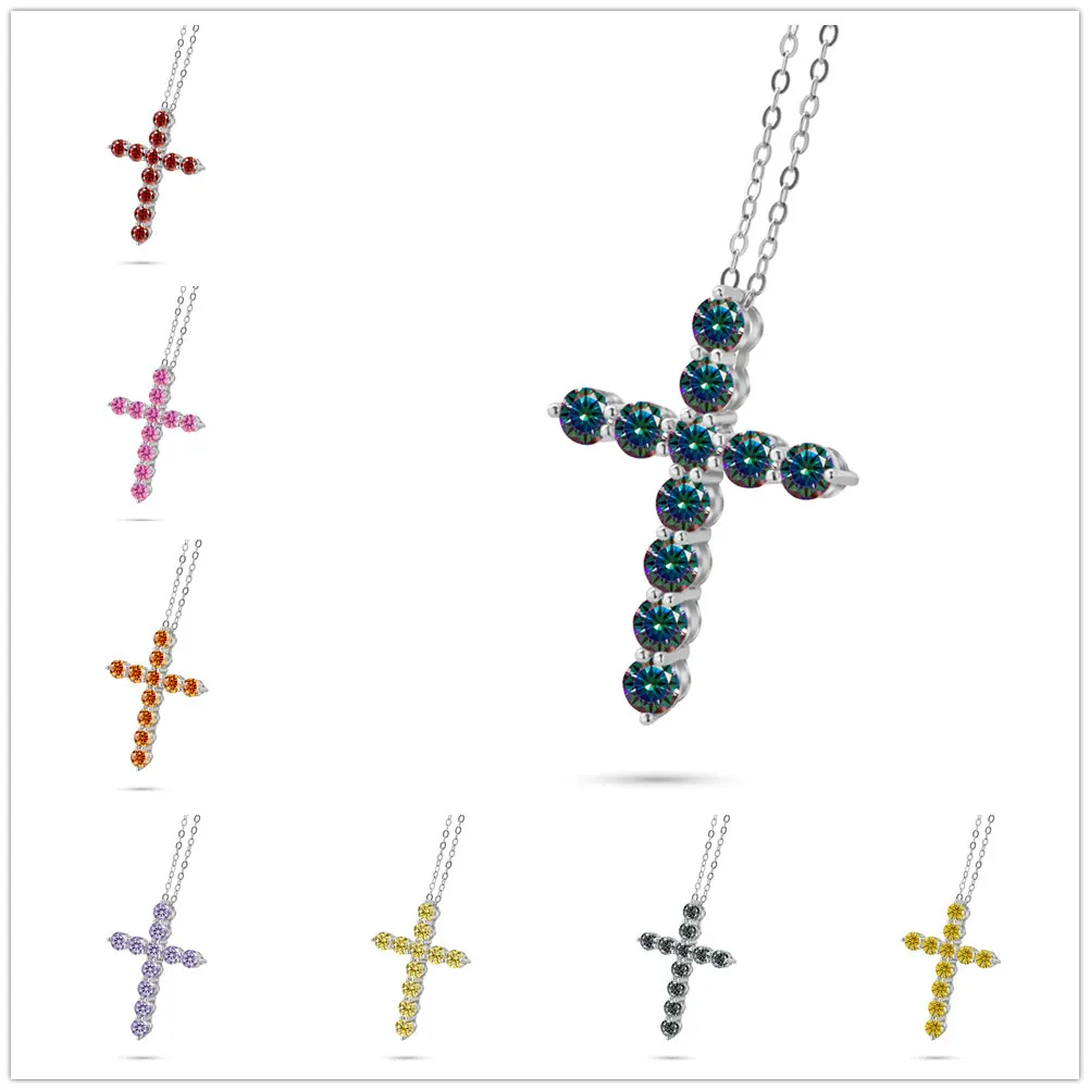 925 Sterling Silber Moissanit Kreuz Anhänger Halskette Rundschliff Bunter Edelstein Schmuck Für Damen Hochzeit Party Geschenk