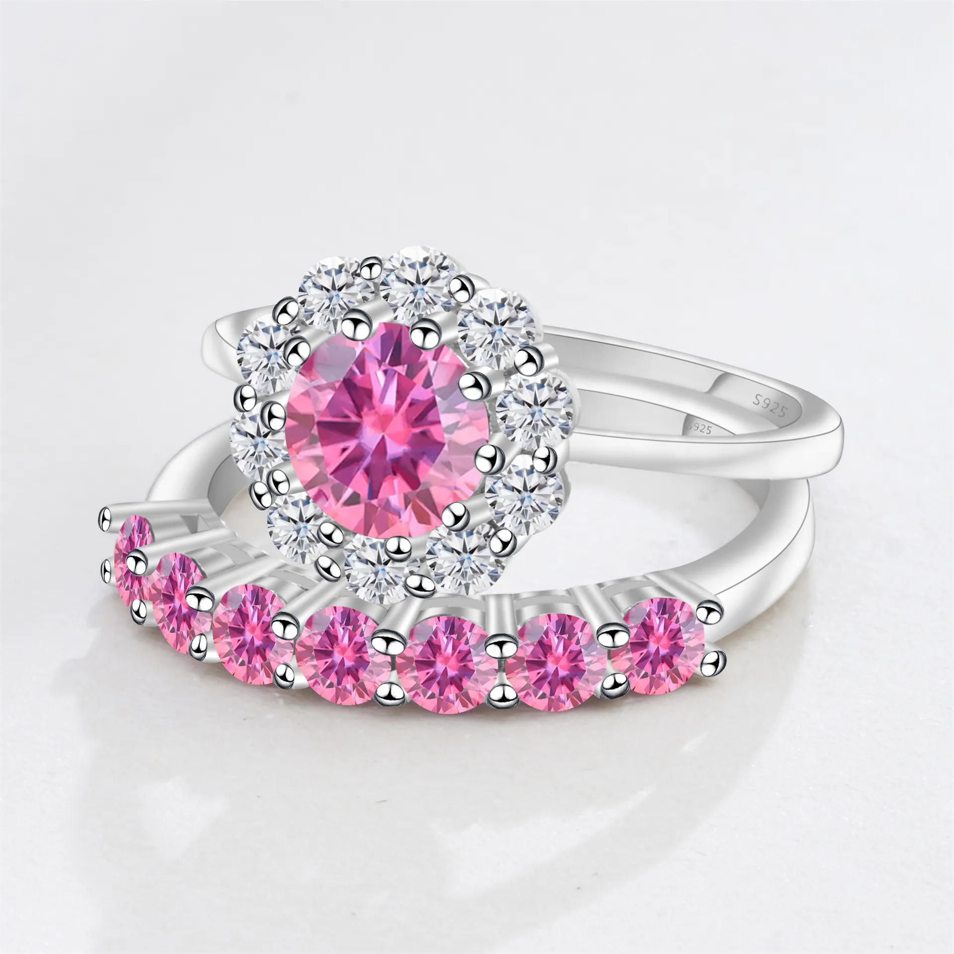 Luxury S925 Sterling Silver Moissanite Ring Set 1ct Round Halo Pink Blue Purple Gemstone 2pcs Engagement Wedding Jewelry