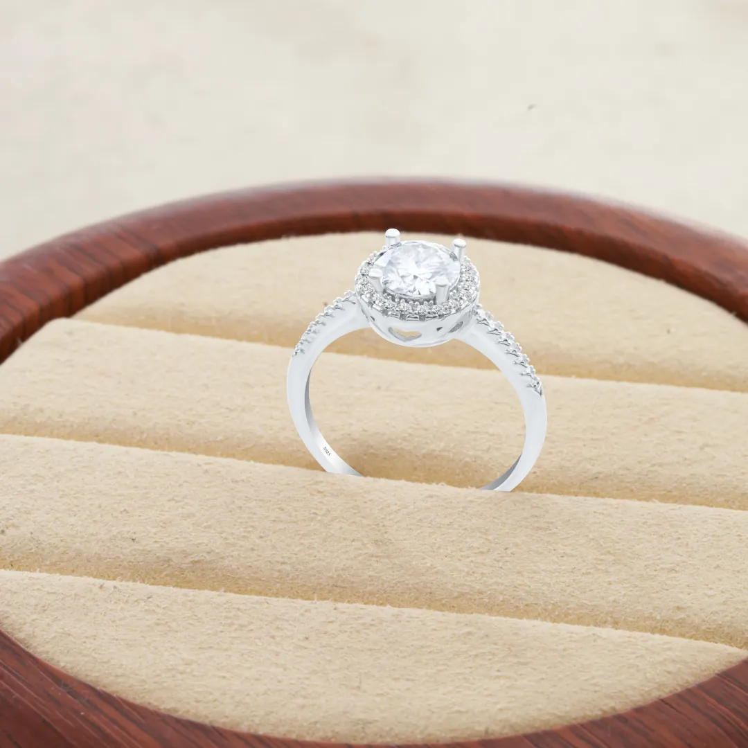Anillo de Moissanita de Lujo de 1 Quilate Corte Brillante Redondo Plata de Ley 925 Platino Plateado Anillo de Compromiso Halo Mujer