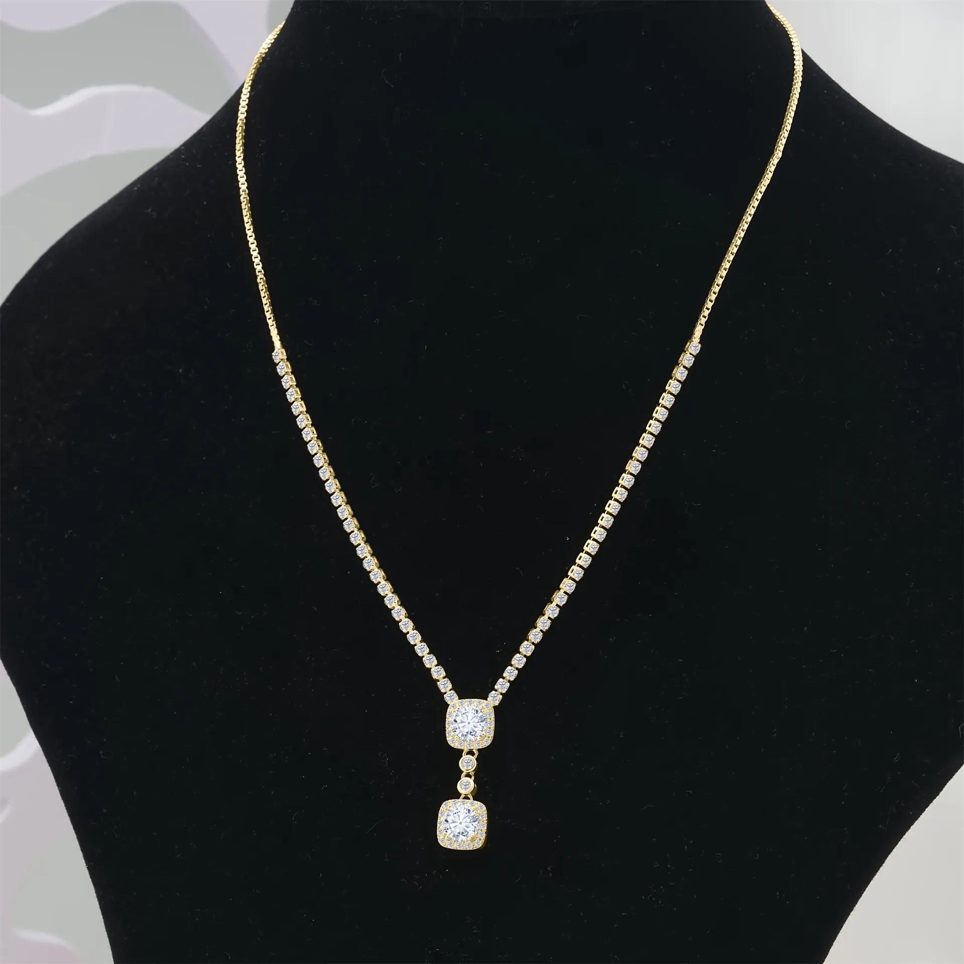925 Sterling Silber Moissanit Anhänger Halskette Schmuckset Doppeltes Quadrat Halo Braut Hochzeit Halskette Für Damen Französisch Luxus Abendkleid Zubehör