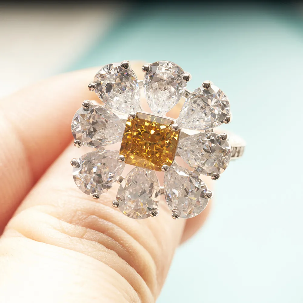 925 Sterling Silver Radiant Cut Yellow High Carbon Diamond Flower Cluster Ring For Women Platinum Plated Wedding Jewelry