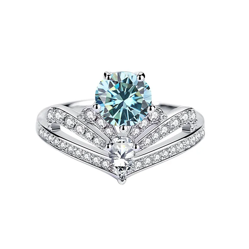 925 Sterlingsilber 1 Karat Moissanit Ring Für Damen Luxuriöse V-Form Kronendesign Rundschliff Edelstein Hochzeit Jahrestag Schmuck Geschenk Mit GRA-Zertifikat