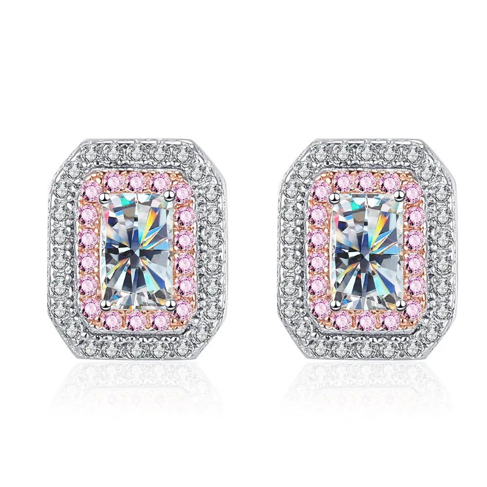 925 Sterling Silver Μωασσανίτης Σκουλαρίκια Καρφωτά για Γυναίκες Κοπή Σμαραγδιού Ροζ Μπλε Πράσινο Πολύτιμος Λίθος Διπλό Halo Κοσμήματα Γάμου