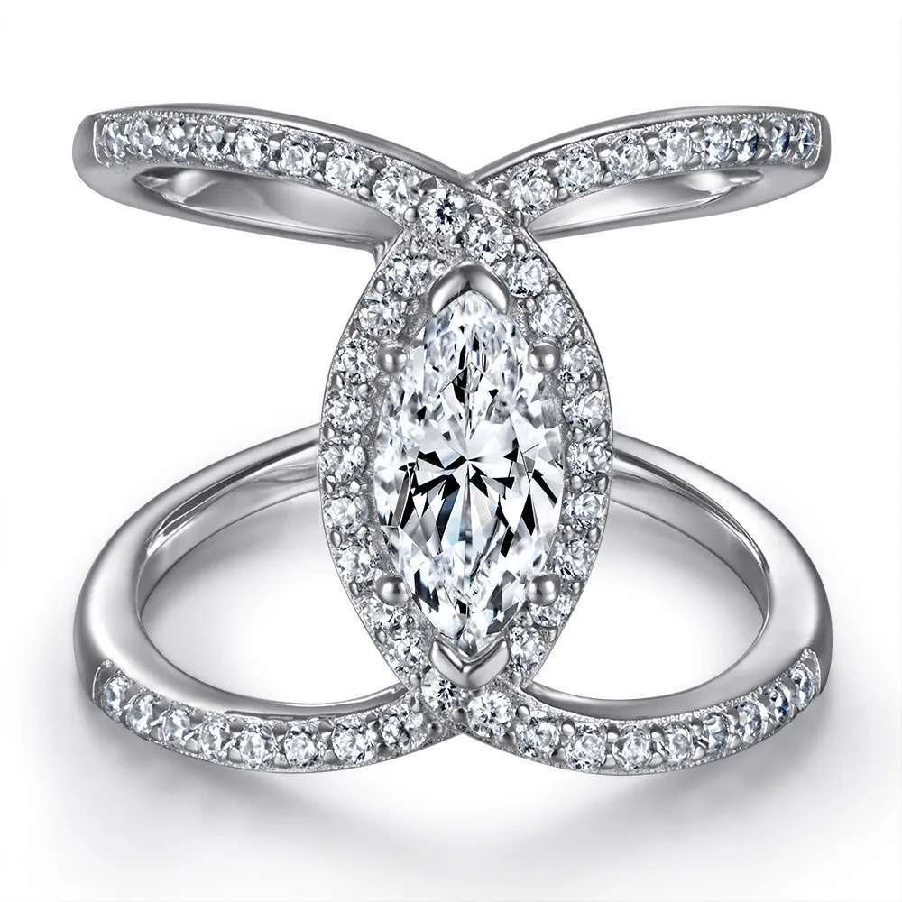 S925 Sterlingsilber Moissanit Ring Damen Navette Schliff Kreuz X Form Halo Verlobung Hochzeit Band Luxus Schmuck Mit GRA-Zertifikat