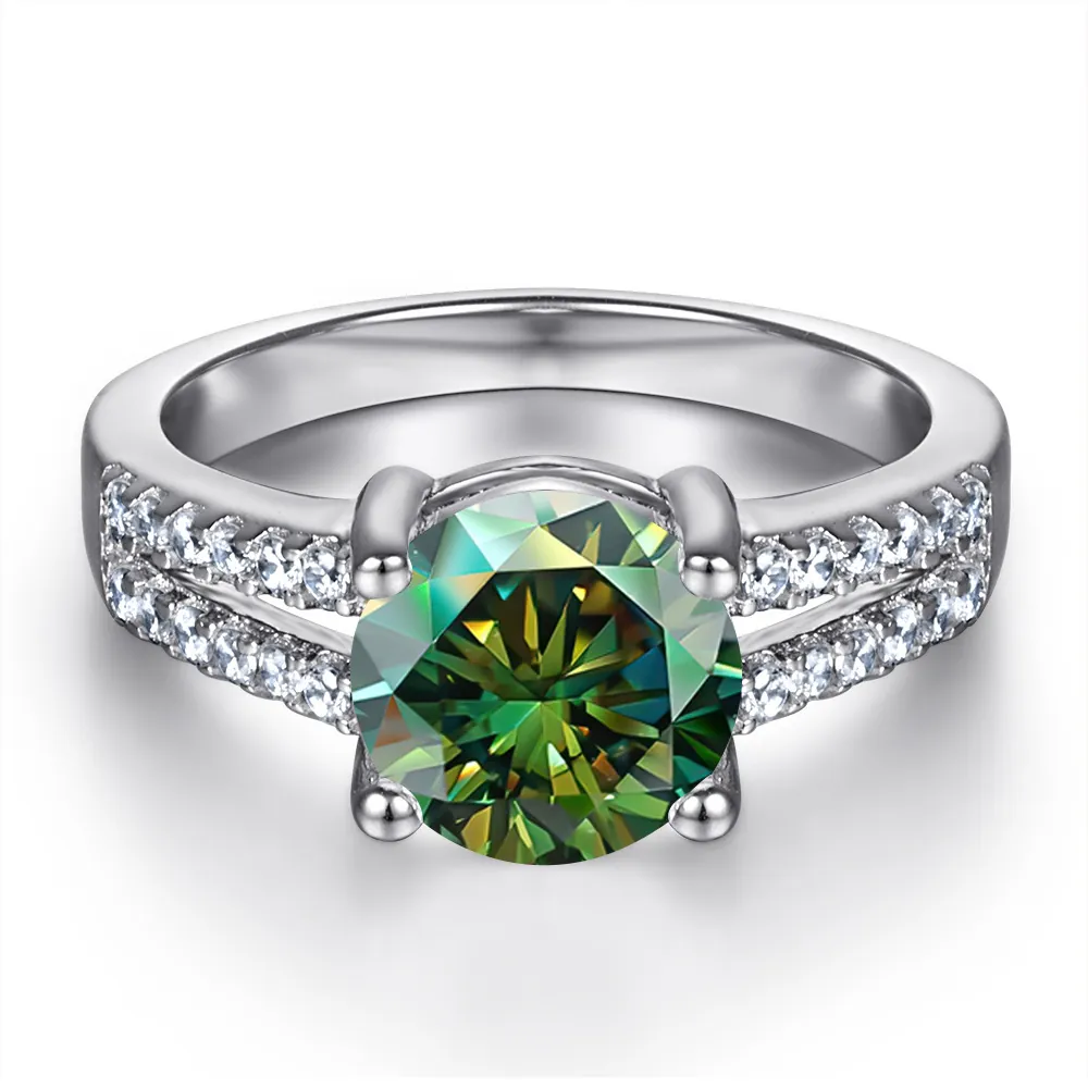 Bague en Argent Sterling 925 Moissanite 1 Carat Taille Ronde Tête de Bœuf Quatre Griffes Double Rangée de Pierres Latérales Avec Certificat GRA