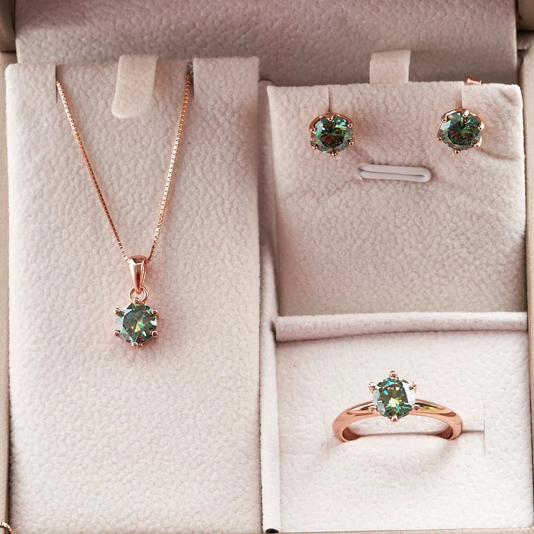 Conjunto de Joyas de Plata de Ley 925 para Mujer Collar de Moissanita Verde Pendientes de Botón Anillo Ajustable Joyería de Piedras Redondas