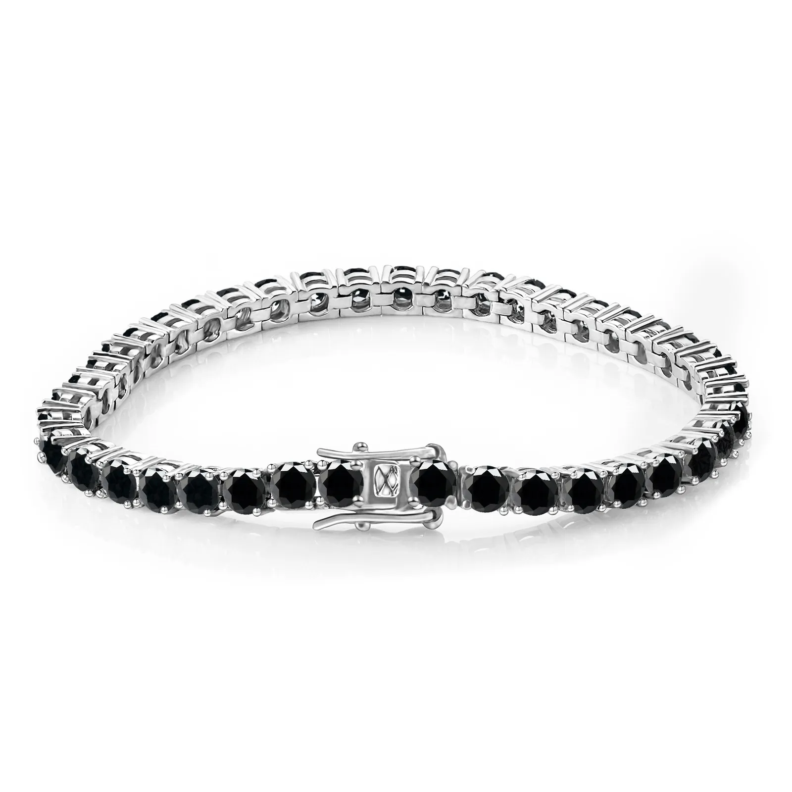 S925 Sterling Silver Black Moissanite Tennis Chain Bracelet 4mm Round Cut Black Stone Luxury Hip Hop Jewelry For Unisex Party Gift