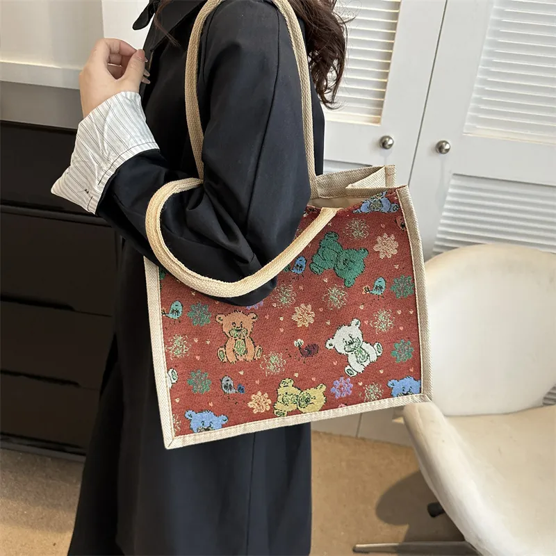 Sac Fourre-Tout en Lin Style Japonais Motif Ours Dessin Animé Grande Capacité Sac à Épaule en Toile Décontracté Femme