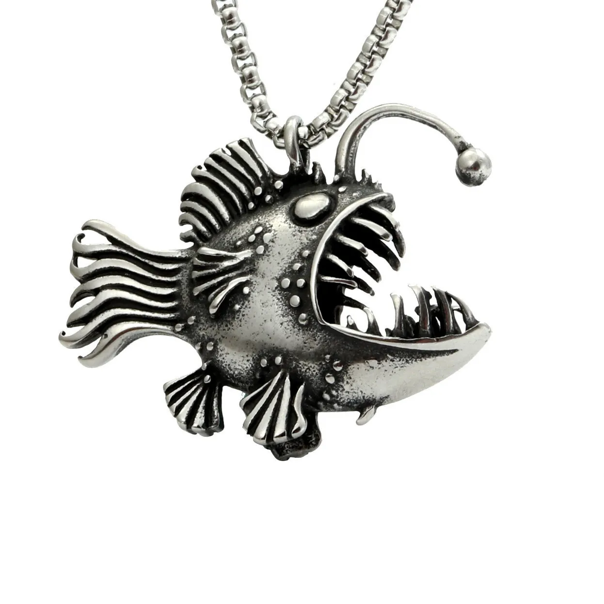 Collier Pendentif Baudroie En Acier Inoxydable Vintage Pour Hommes Femmes Bijoux Gothiques Rétro Hip Hop Poisson Lanterne Cadeau