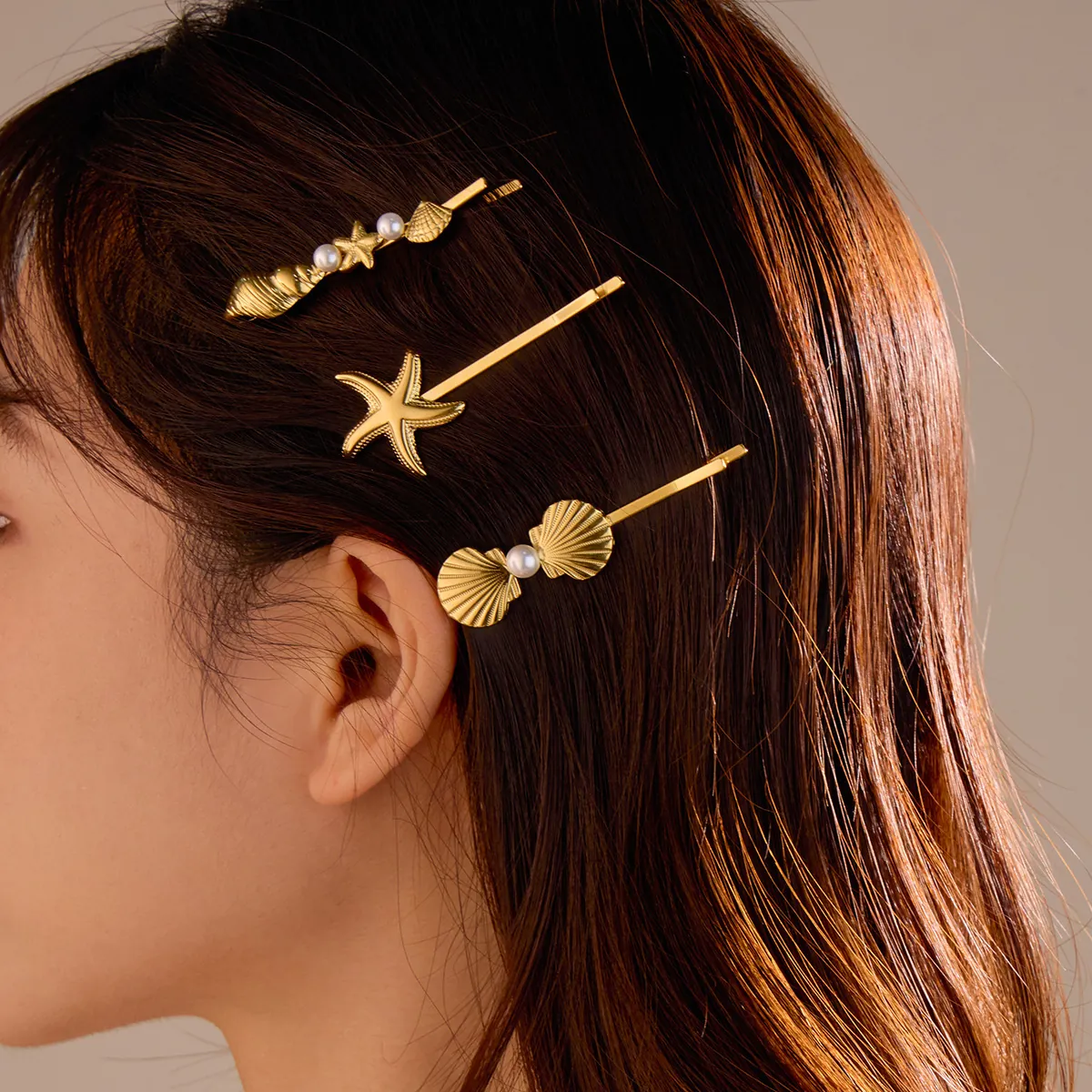 Stainless Steel Marine Ocean Seashell Starfish Hair Clips Gold Artificial Pearl Rhinestone Shell Bobby Pins For Women Daily Vacation