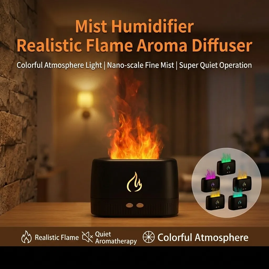 Simulation Flame Aromatherapy Machine Ultrasonic Essential Oil Diffuser Humidifier With LED Colorful Light Home Office