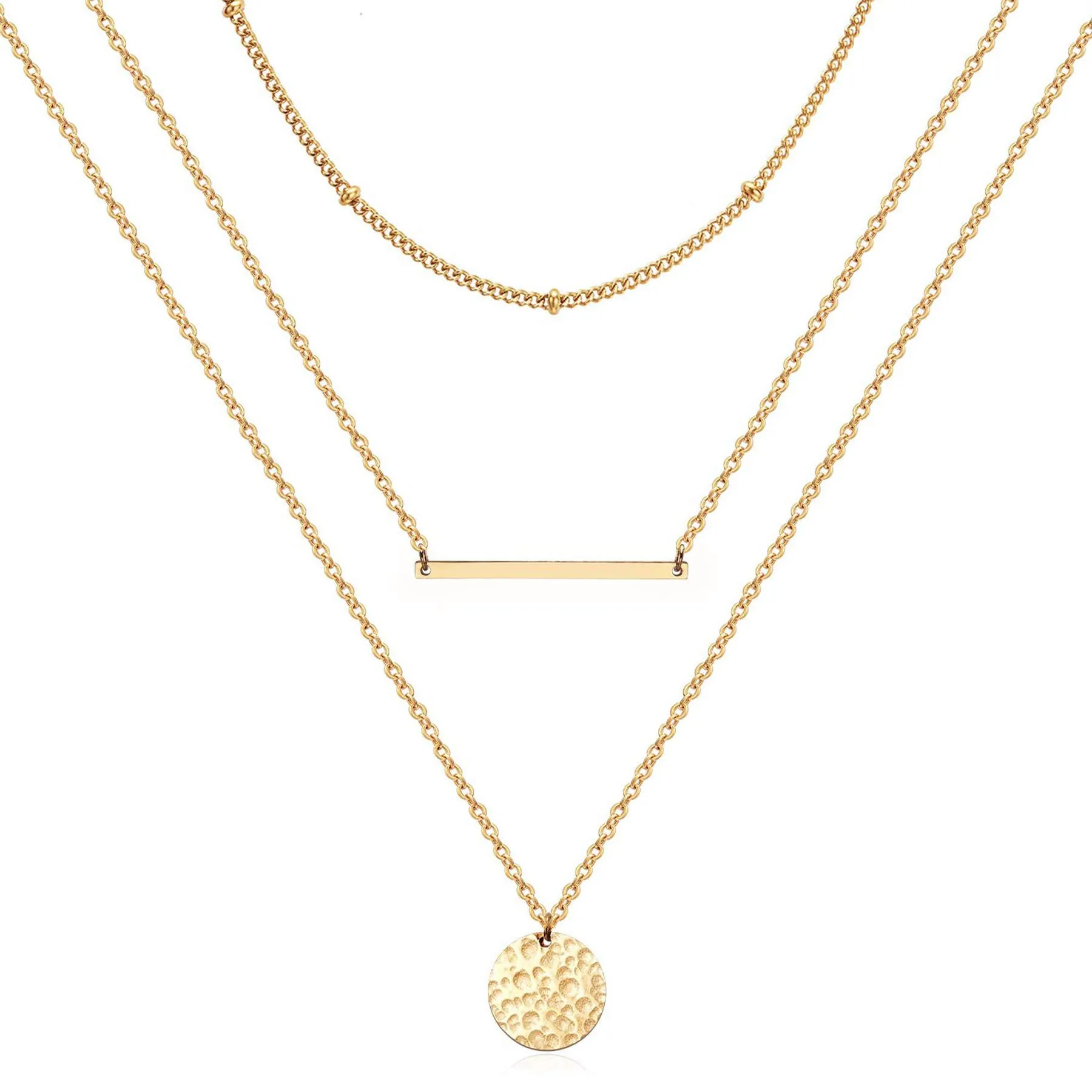 Collana Multistrato in Acciaio Inossidabile Placcato Oro 18K Donna Pendente a Disco Tondo Martellato Barra Gioielli Regalo
