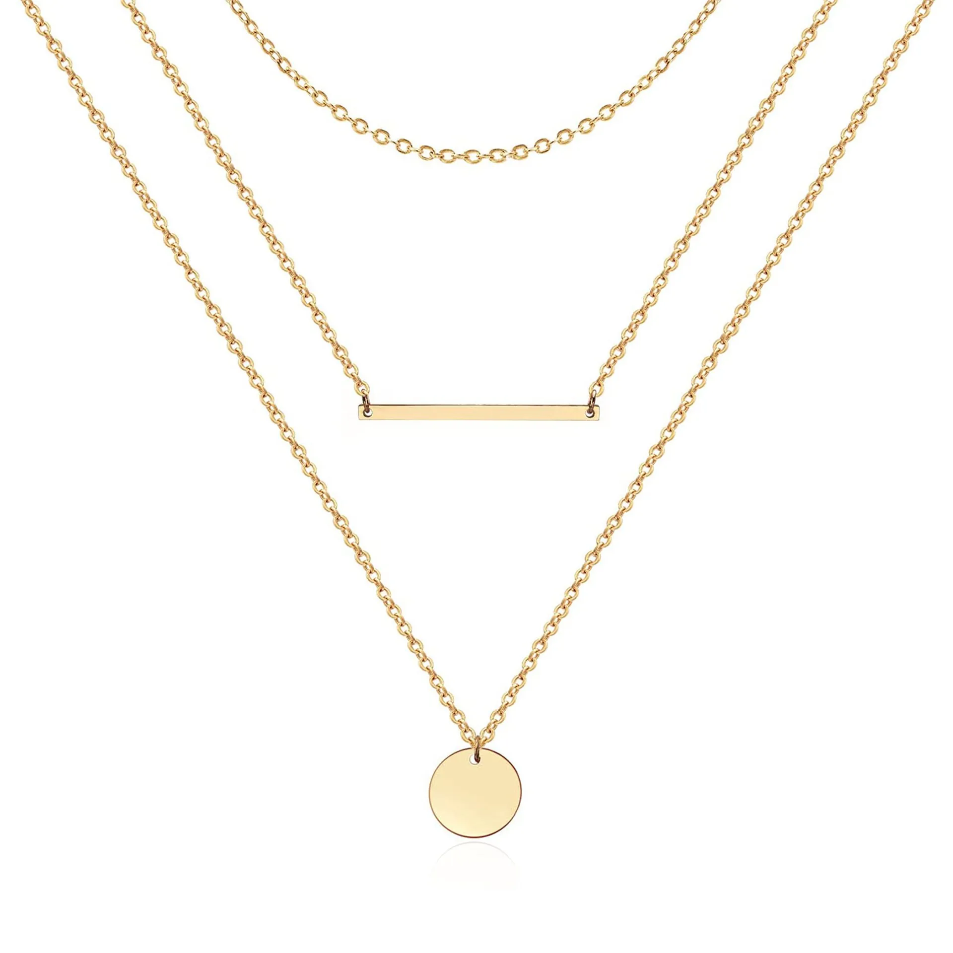 Layered Stainless Steel Chain Necklace Disc And Bar Pendants Gold Silver Tone Minimalist Fashion Jewelry For Women