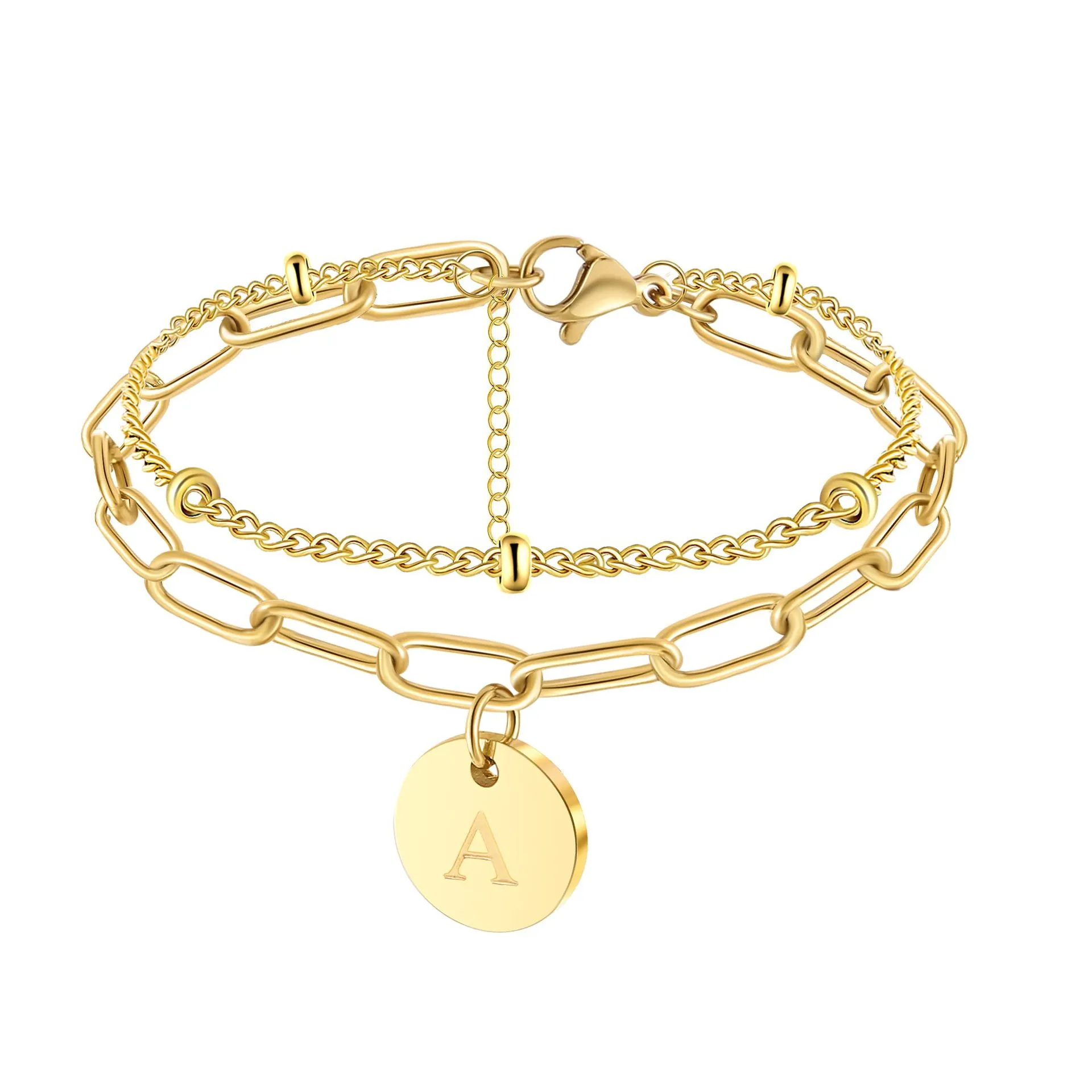Roestvrij Staal Dubbellaags Armband 18K Verguld Alfabet Letter Ronde Hanger Paperclip Ketting Kralen Armband Vrouwen