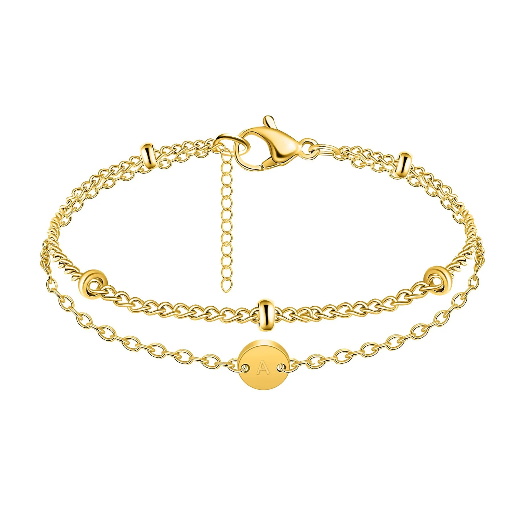 Bracelet Double Couche en Acier Inoxydable Plaqué Or 18K Chaîne de Perles avec Lettre Initiale Bijoux de Mode Femme